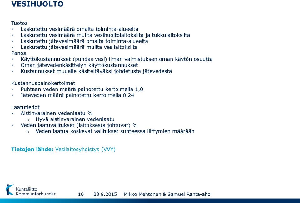 muualle käsiteltäväksi johdetusta jätevedestä Kustannuspainokertoimet Puhtaan veden määrä painotettu kertoimella 1,0 Jäteveden määrä painotettu kertoimella 0,24 Laatutiedot Aistinvarainen