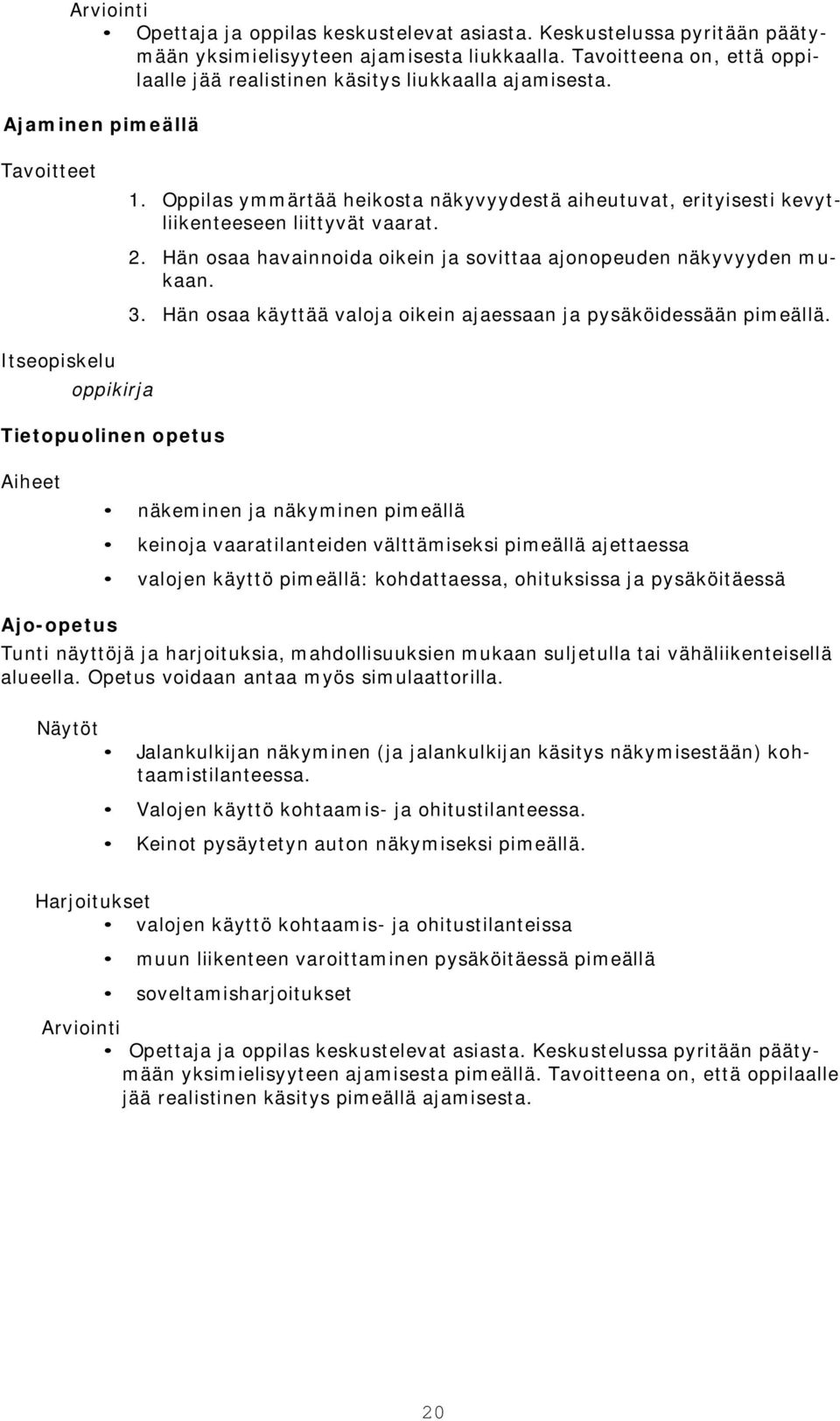 2. Hän osaa havainnoida oikein ja sovittaa ajonopeuden näkyvyyden mukaan. 3. Hän osaa käyttää valoja oikein ajaessaan ja pysäköidessään pimeällä.