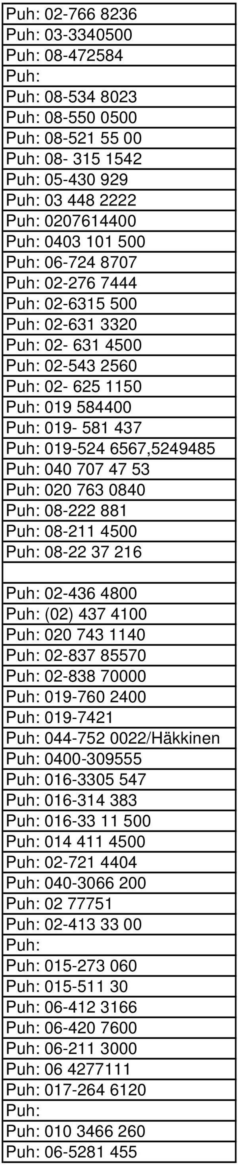 02-436 4800 (02) 437 4100 020 743 1140 02-837 85570 02-838 70000 019-760 2400 019-7421 044-752 0022/Häkkinen 0400-309555 016-3305 547 016-314 383 016-33 11 500