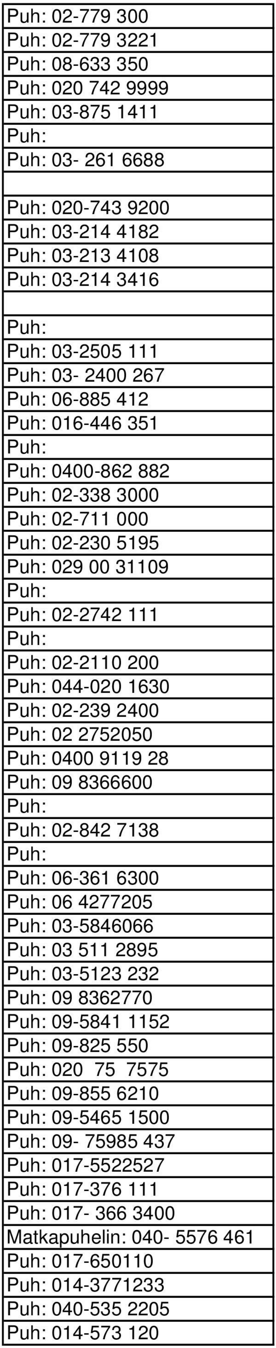 0400 9119 28 09 8366600 02-842 7138 06-361 6300 06 4277205 03-5846066 03 511 2895 03-5123 232 09 8362770 09-5841 1152 09-825 550 020 75 7575