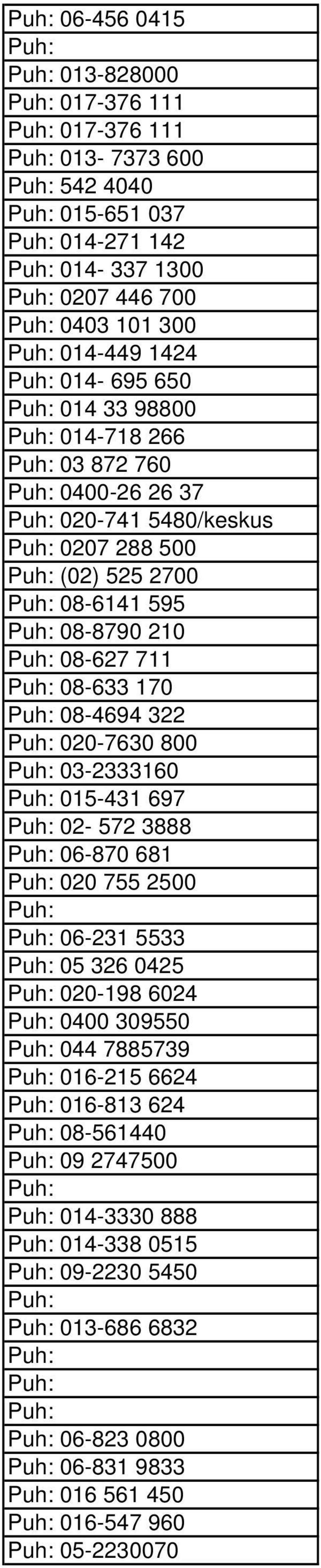 170 08-4694 322 020-7630 800 03-2333160 015-431 697 02-572 3888 06-870 681 020 755 2500 06-231 5533 05 326 0425 020-198 6024 0400 309550 044 7885739