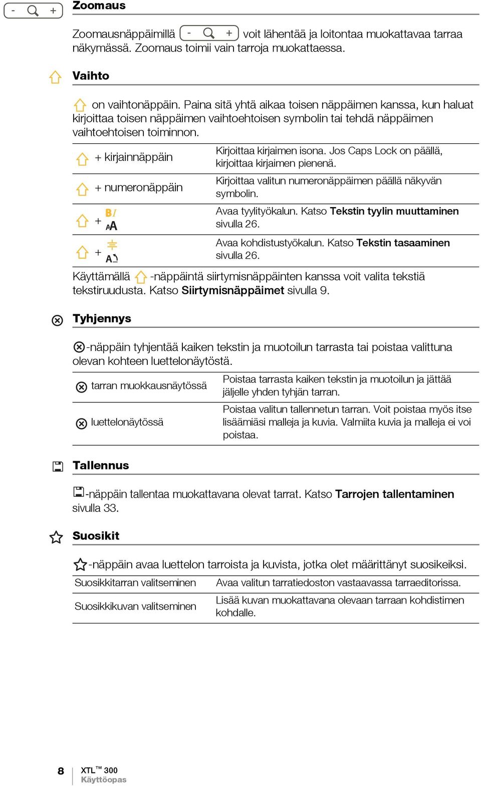 + kirjainnäppäin + numeronäppäin + + Käyttämällä -näppäintä siirtymisnäppäinten kanssa voit valita tekstiä tekstiruudusta. Katso Siirtymisnäppäimet sivulla 9.
