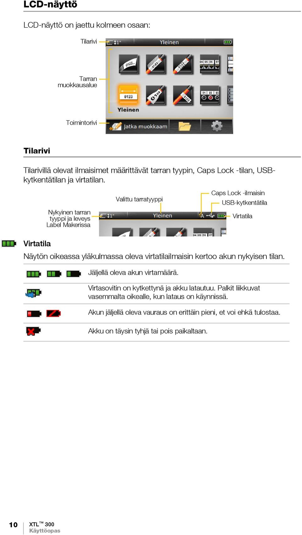 Nykyinen tarran tyyppi ja leveys Label Makerissa Valittu tarratyyppi Caps Lock -ilmaisin USB-kytkentätila Virtatila Virtatila Näytön oikeassa yläkulmassa oleva