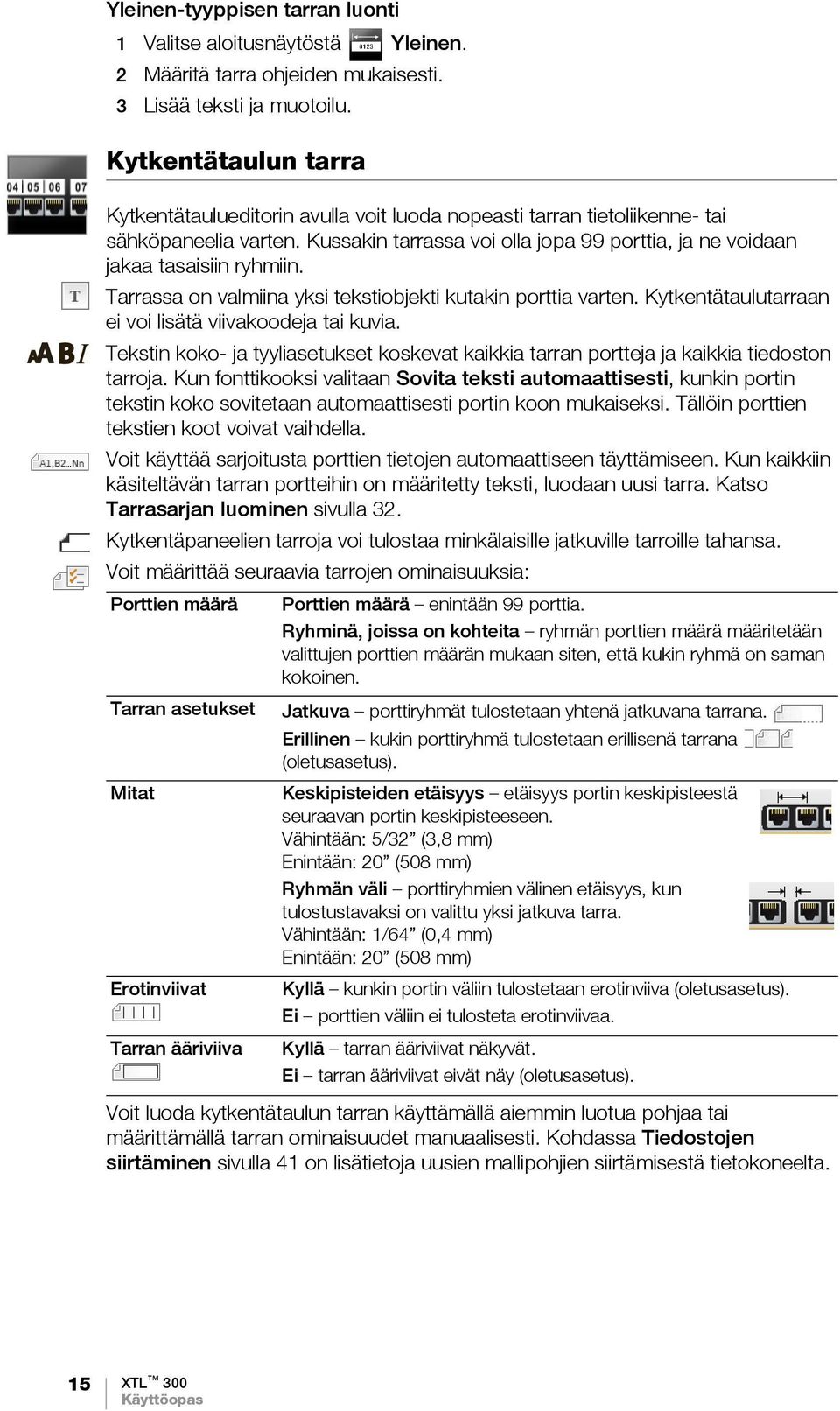 Tarrassa on valmiina yksi tekstiobjekti kutakin porttia varten. Kytkentätaulutarraan ei voi lisätä viivakoodeja tai kuvia.
