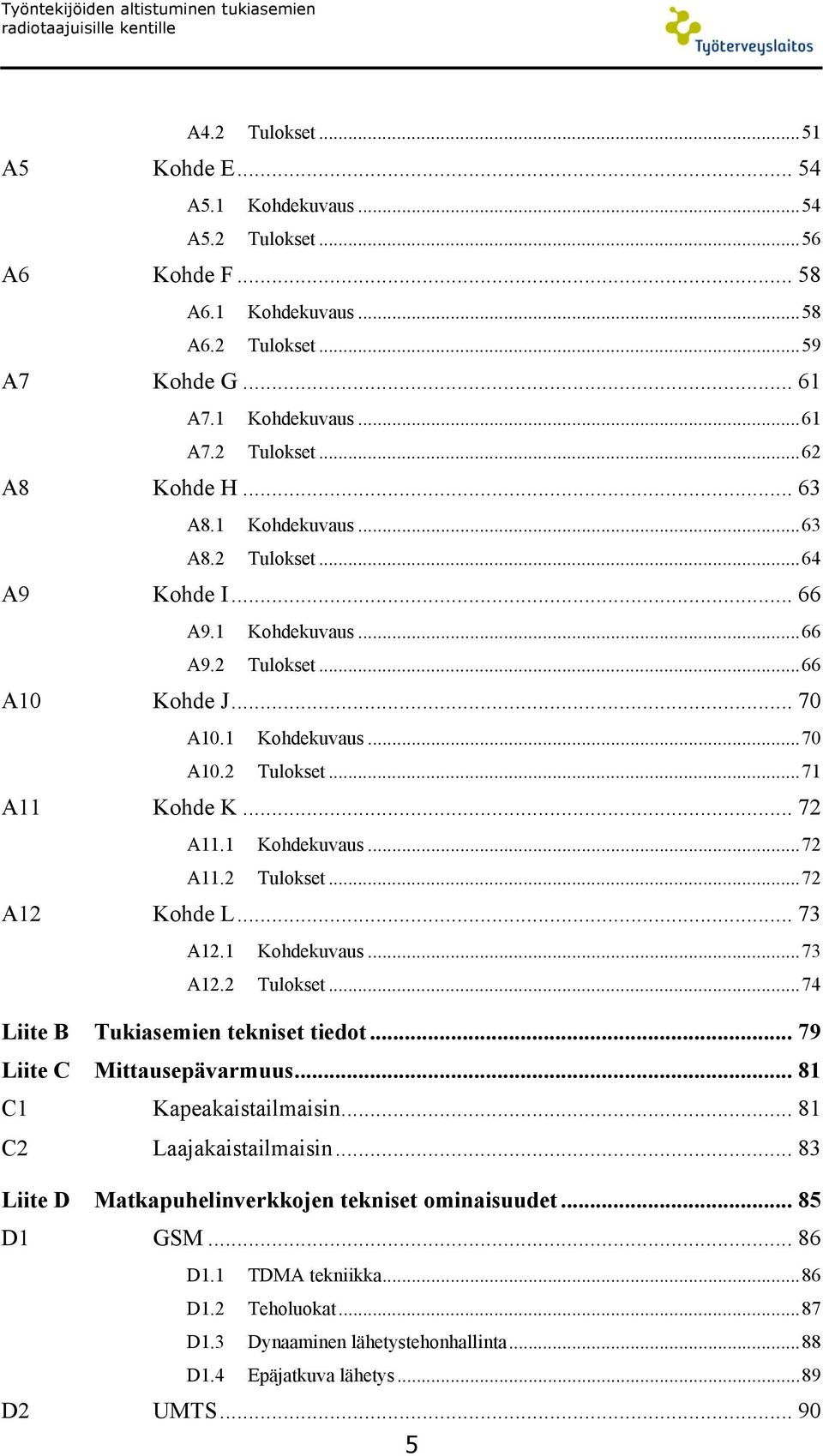.. 72 A11.1 Kohdekuvaus...72 A11.2 Tulokset...72 A12 Kohde L... 73 A12.1 Kohdekuvaus...73 A12.2 Tulokset...74 Liite B Tukiasemien tekniset tiedot... 79 Liite C Mittausepävarmuus.