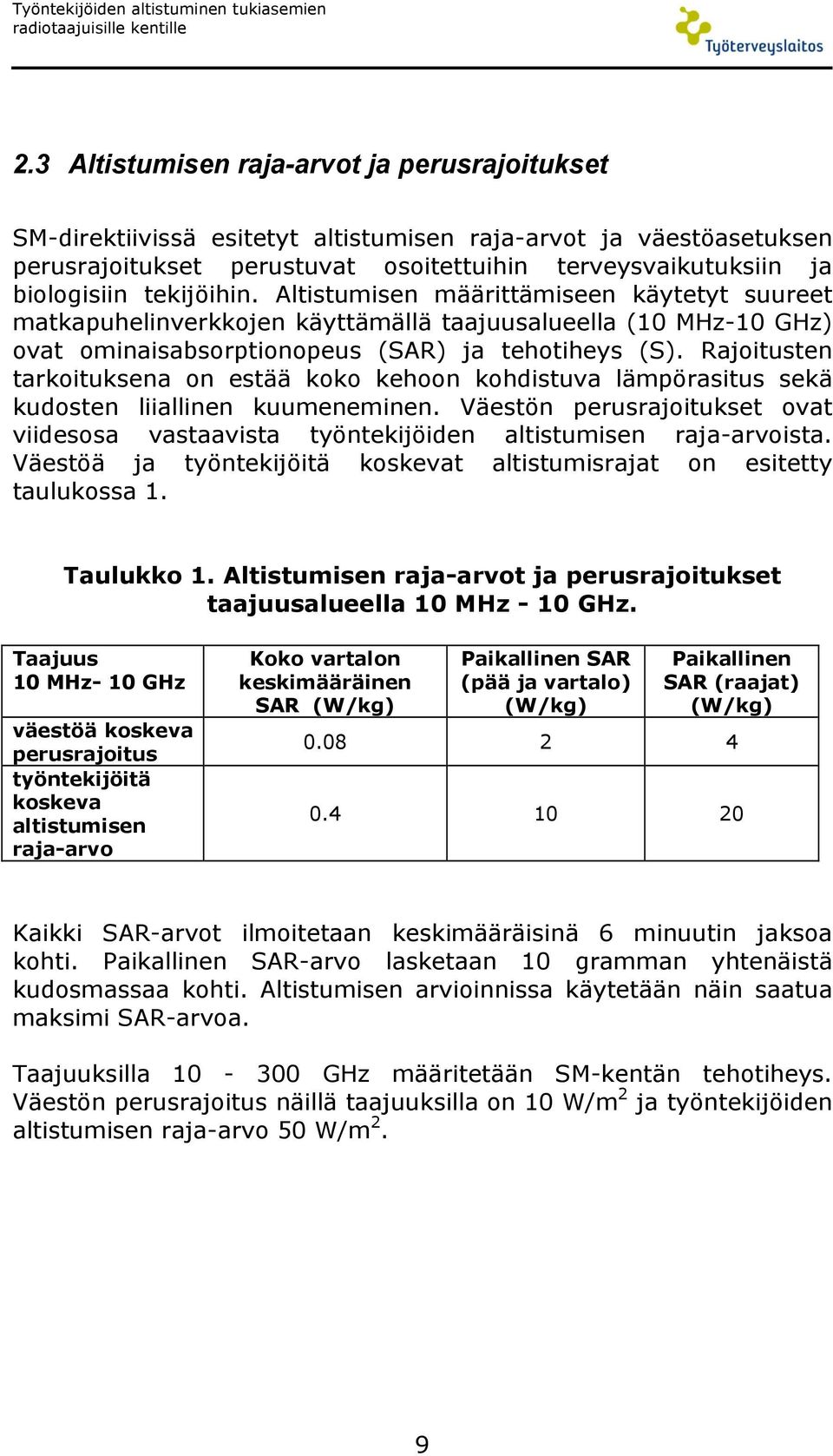 tekijöihin. Altistumisen määrittämiseen käytetyt suureet matkapuhelinverkkojen käyttämällä taajuusalueella (10 MHz-10 GHz) ovat ominaisabsorptionopeus (SAR) ja tehotiheys (S).