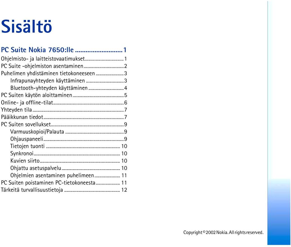 ..7 Pääikkunan tiedot...7 PC Suiten sovellukset...9 Varmuuskopioi/Palauta...9 Ohjauspaneeli...9 Tietojen tuonti... 10 Synkronoi... 10 Kuvien siirto.