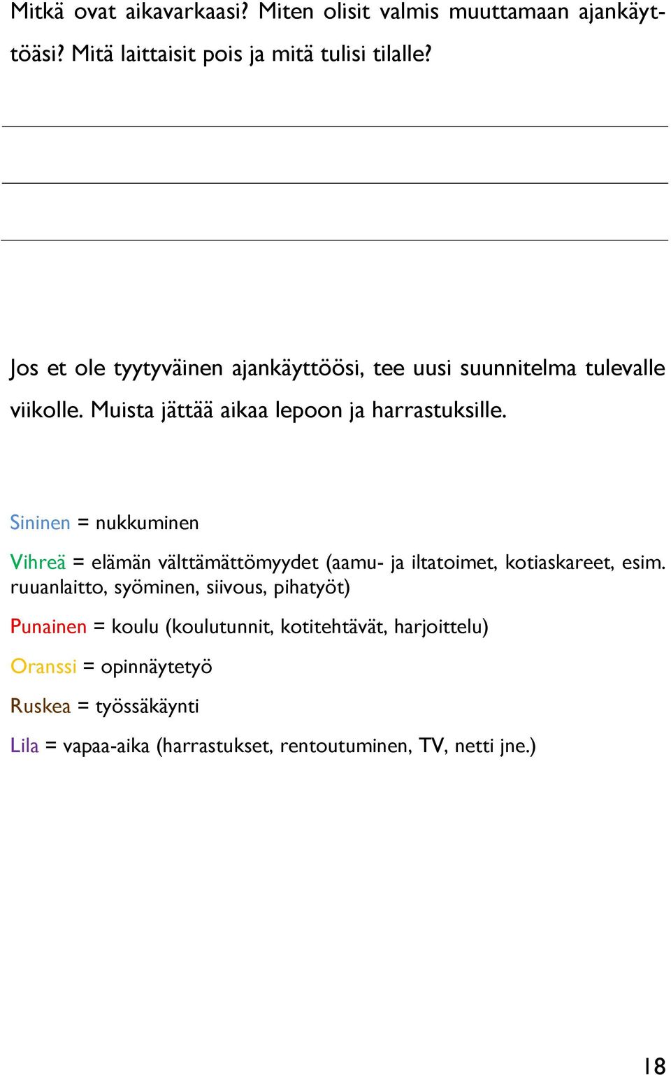 Sininen = nukkuminen Vihreä = elämän välttämättömyydet (aamu- ja iltatoimet, kotiaskareet, esim.