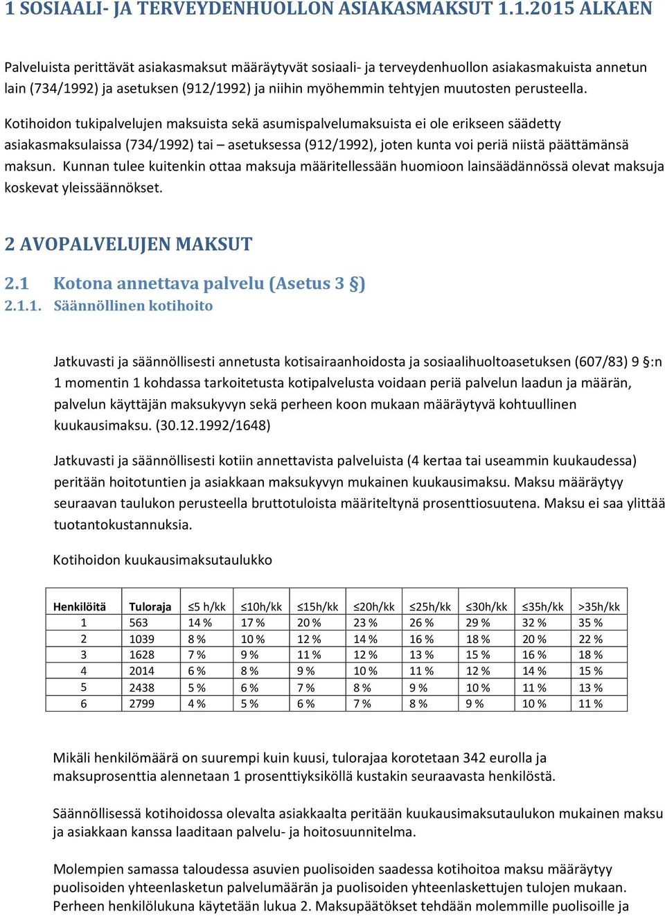 Kotihoidon tukipalvelujen maksuista sekä asumispalvelumaksuista ei ole erikseen säädetty asiakasmaksulaissa (734/1992) tai asetuksessa (912/1992), joten kunta voi periä niistä päättämänsä maksun.