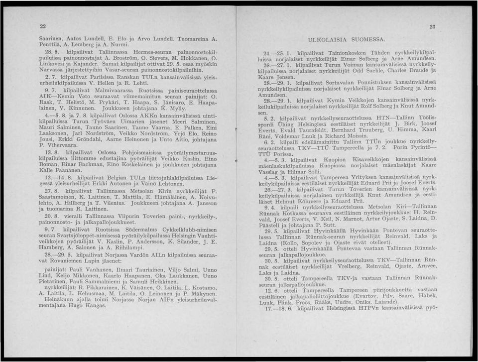 kilpailivat Pariisissa Ranskan TULn kansainvälisissä yleisurheilukilpailuissa V. Hellen ja R. Lehti. 9. 7.