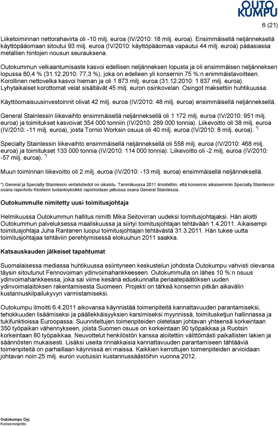 2010: 77,3 %), joka on edelleen yli konsernin 75 %:n enimmäistavoitteen. Korollinen nettovelka kasvoi hieman ja oli 1 873 milj. euroa (31.12.2010: 1 837 milj. euroa).