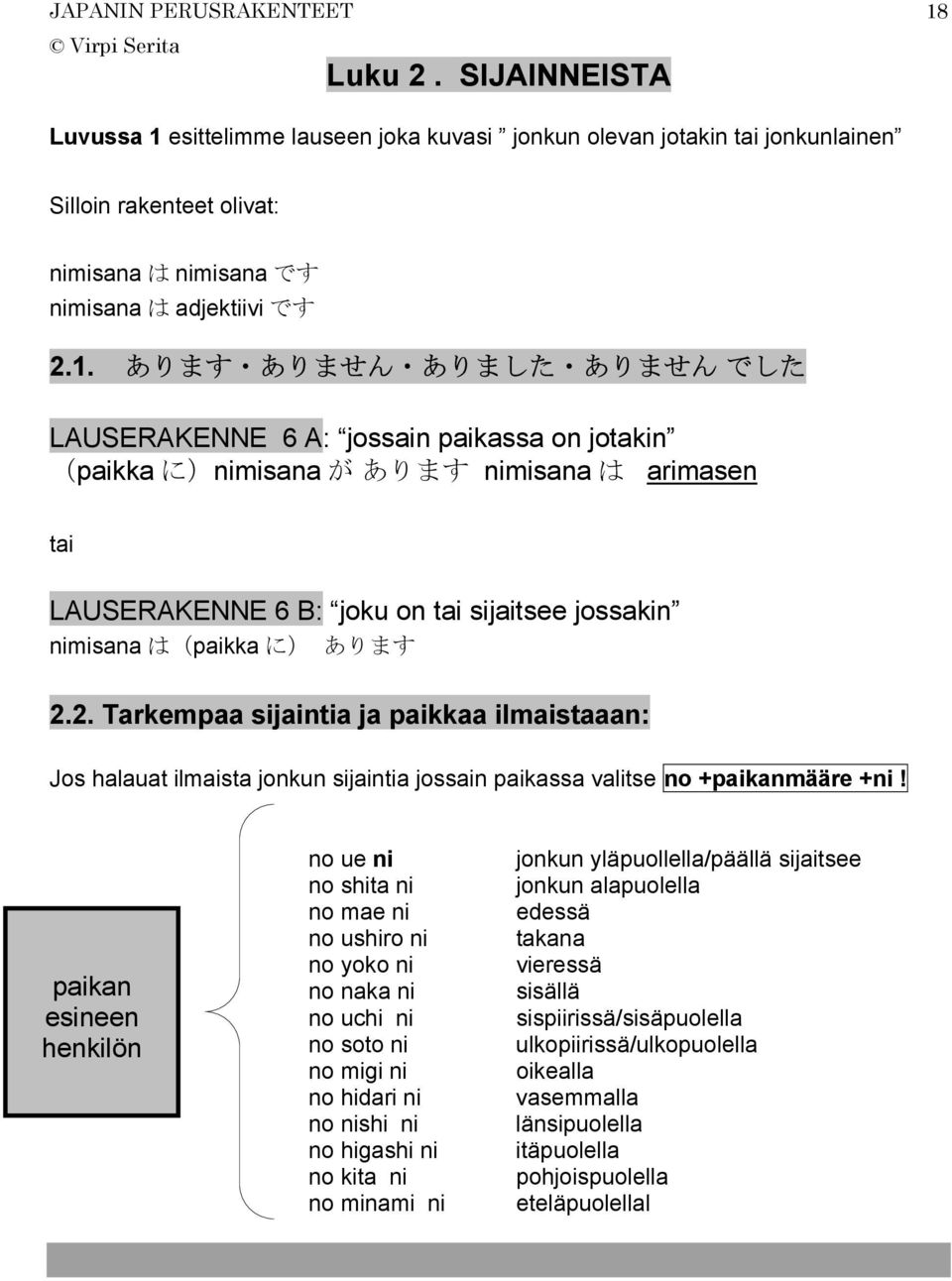 esittelimme lauseen joka kuvasi jonkun olevan jotakin tai jonkunlainen Silloin rakenteet olivat: nimisana は nimisana です nimisana は adjektiivi です 2.1.