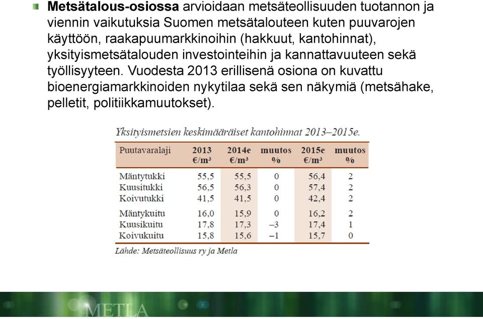 yksityismetsätalouden investointeihin ja kannattavuuteen sekä työllisyyteen.