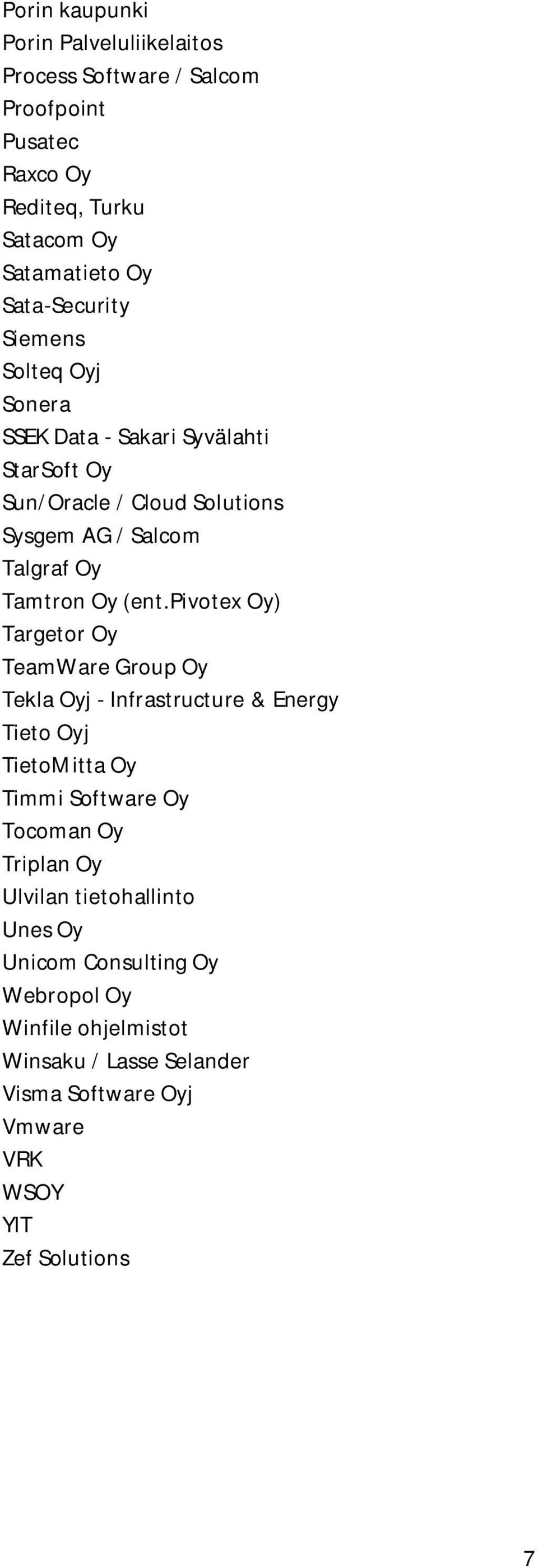pivotex Oy) Targetor Oy TeamWare Group Oy Tekla Oyj - Infrastructure & Energy Tieto Oyj TietoMitta Oy Timmi Software Oy Tocoman Oy Triplan Oy