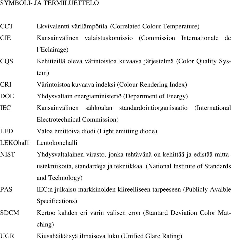 sähköalan standardointiorganisaatio (International Electrotechnical Commission) LED Valoa emittoiva diodi (Light emitting diode) LEKOhalli Lentokonehalli NIST Yhdysvaltalainen virasto, jonka