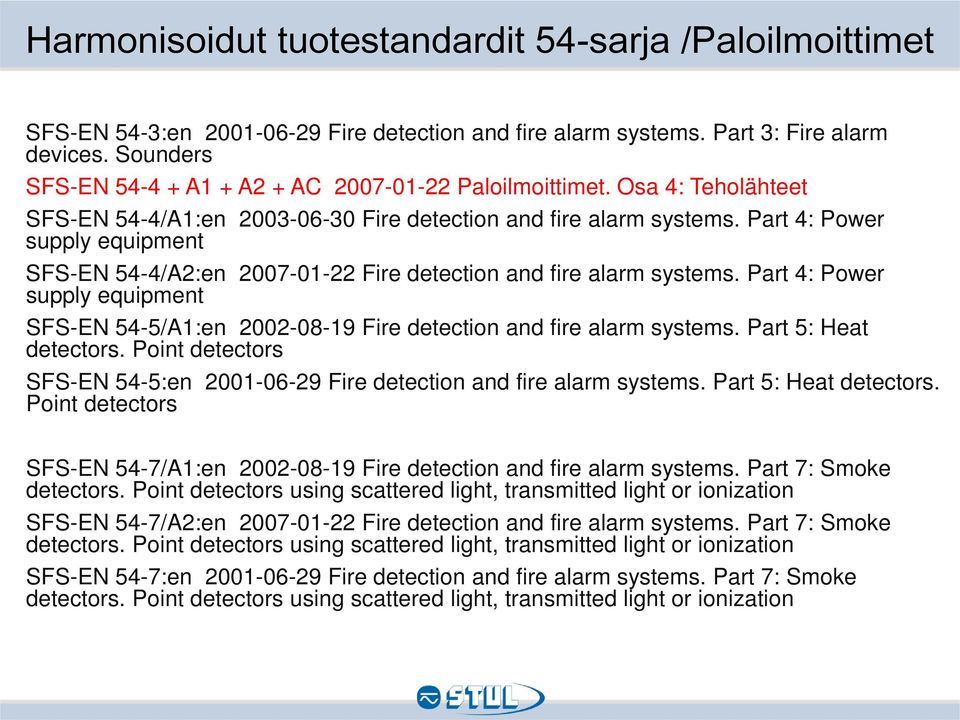 Part 4: Power supply equipment SFS-EN 54-4/A2:en 2007-01-22 Fire detection and fire alarm systems. Part 4: Power supply equipment SFS-EN 54-5/A1:en 2002-08-19 Fire detection and fire alarm systems.