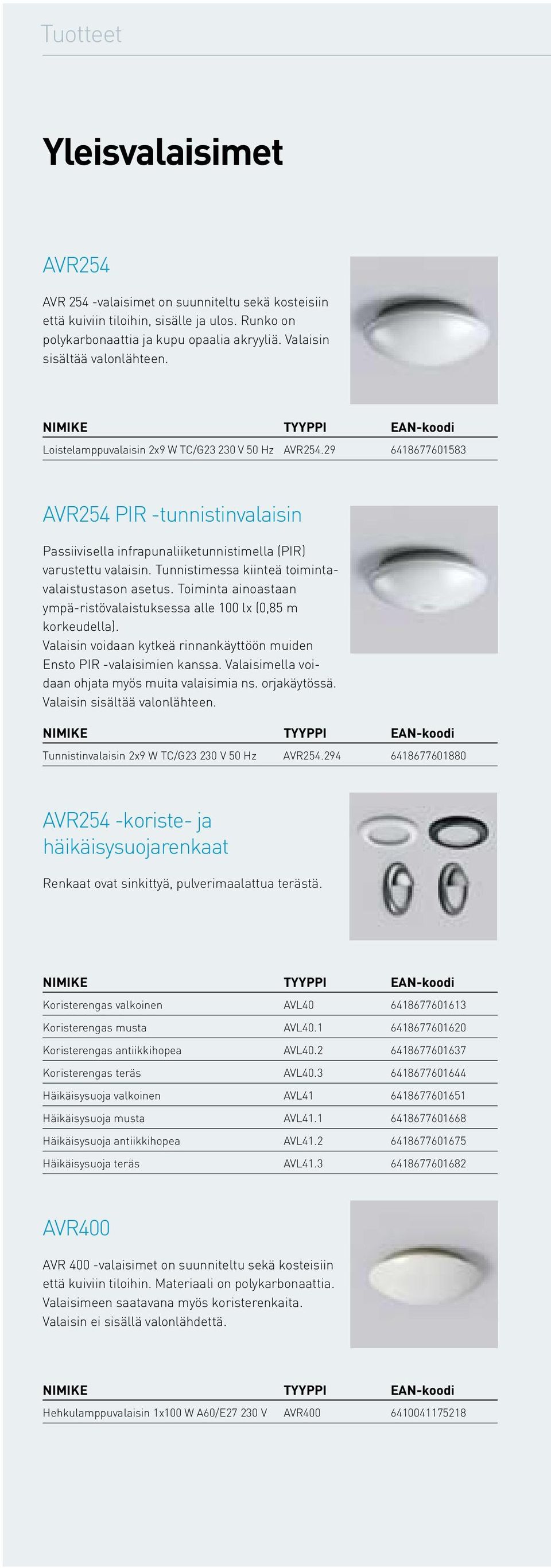 29 6418677601583 AVR254 PIR -tunnistinvalaisin Passiivisella infrapunaliiketunnistimella (PIR) varustettu valaisin. Tunnistimessa kiinteä toimintavalaistustason asetus.