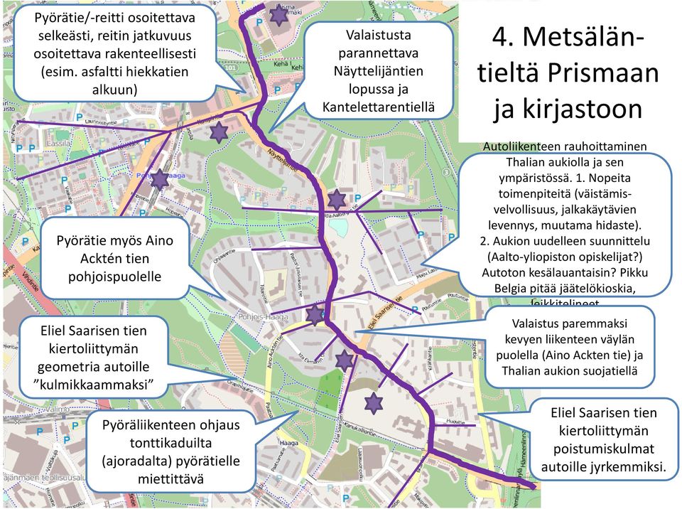 pyörätielle miettittävä Valaistusta parannettava Näyttelijäntien lopussa ja Kantelettarentiellä 4.