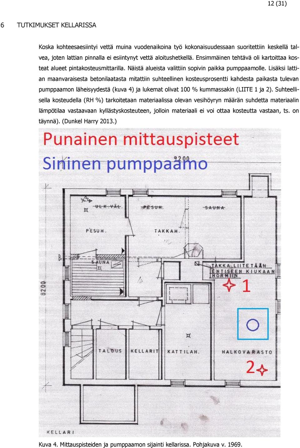 Lisäksi lattian maanvaraisesta betonilaatasta mitattiin suhteellinen kosteusprosentti kahdesta paikasta tulevan pumppaamon läheisyydestä (kuva 4) ja lukemat olivat 100 % kummassakin (LIITE 1 ja 2).