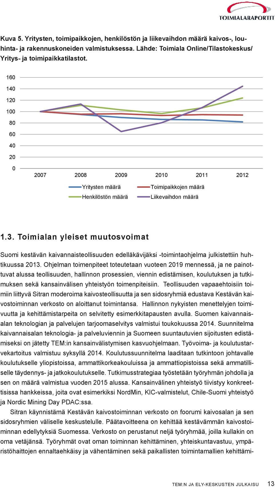 Toimialan yleiset muutosvoimat Suomi kestävän kaivannaisteollisuuden edelläkävijäksi -toimintaohjelma julkistettiin huhtikuussa 2013.