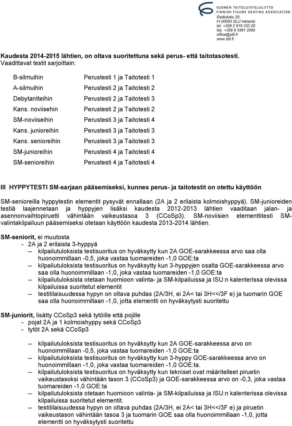 noviisehin Perustesti 2 ja Taitotesti 2 SM-noviiseihin Perustesti 3 ja Taitotesti 4 Kans. junioreihin Perustesti 3 ja Taitotesti 3 Kans.