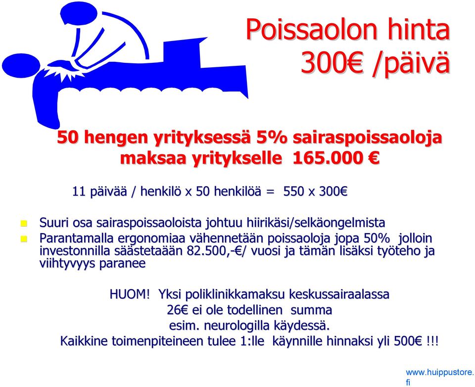 ergonomiaa vähennetään poissaoloja jopa 50% jolloin investonnilla säästetaään 82.