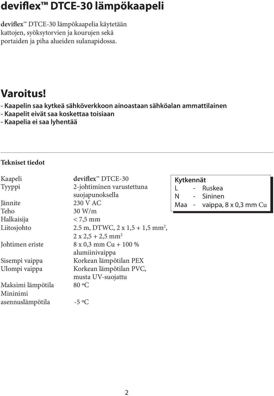 2-johtiminen varustettuna suojapunoksella Jännite 230 V AC Teho 30 W/m Halkaisija < 7,5 mm Liitosjohto 2.