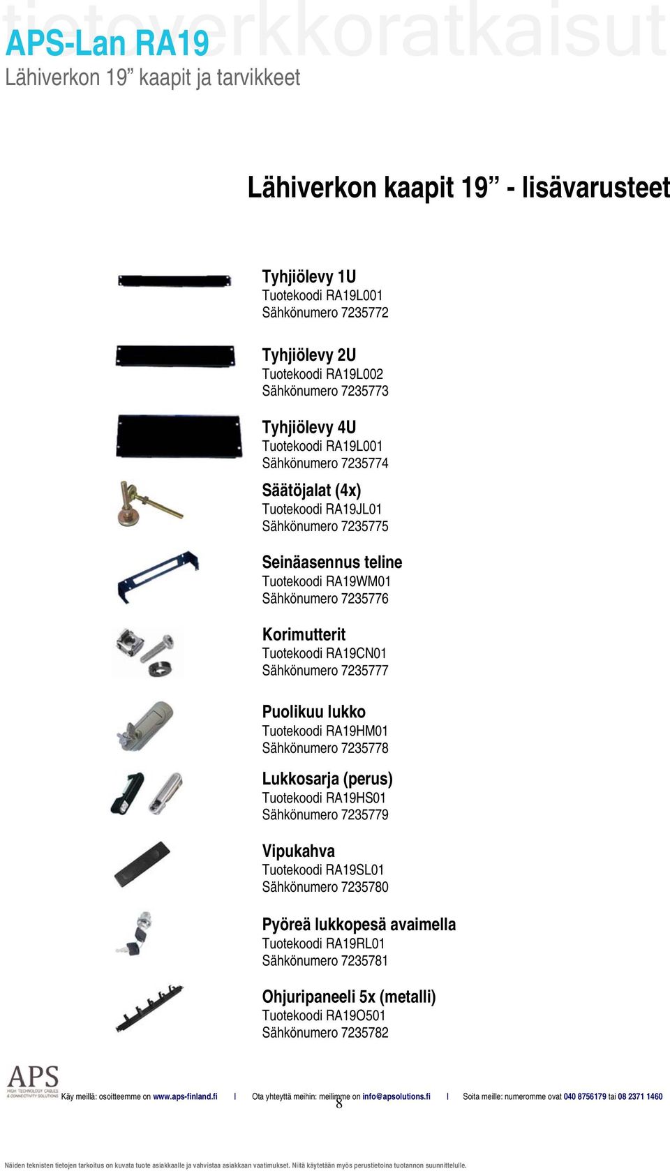 RA19HM01 Sähkönumero 7235778 Lukkosarja (perus) Tuotekoodi RA19HS01 Sähkönumero 7235779 Vipukahva Tuotekoodi RA19SL01 Sähkönumero 7235780 Pyöreä lukkopesä avaimella Tuotekoodi RA19RL01 Sähkönumero