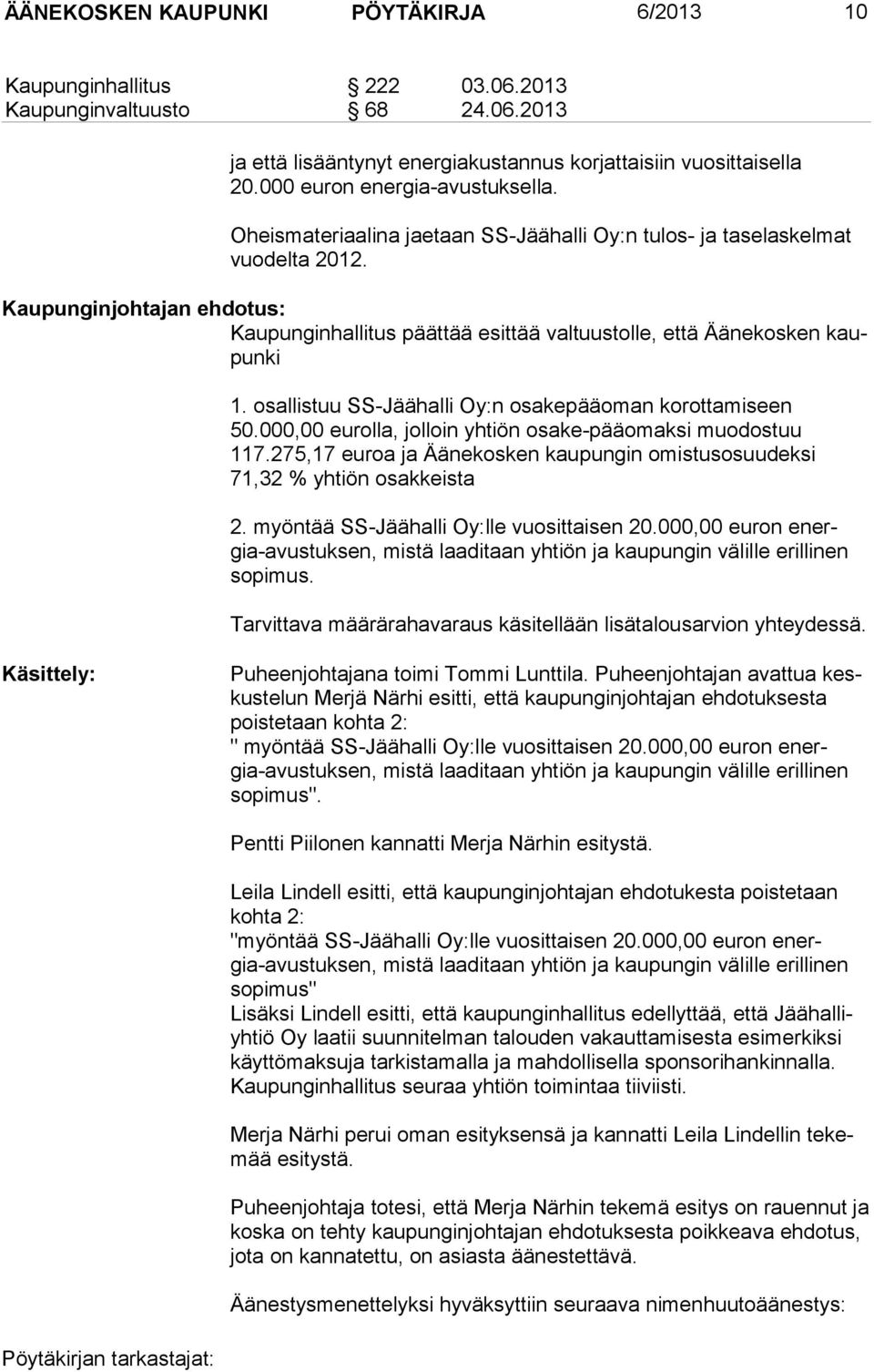 Kaupunginjohtajan ehdotus: Kaupunginhallitus päättää esittää valtuustolle, että Äänekosken kaupunki 1. osallistuu SS-Jäähalli Oy:n osakepääoman korottamiseen 50.