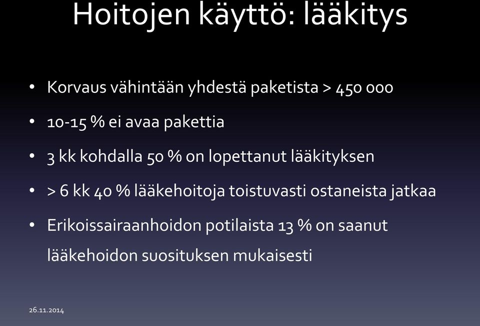 lääkityksen > 6 kk 40 % lääkehoitoja toistuvasti ostaneista jatkaa