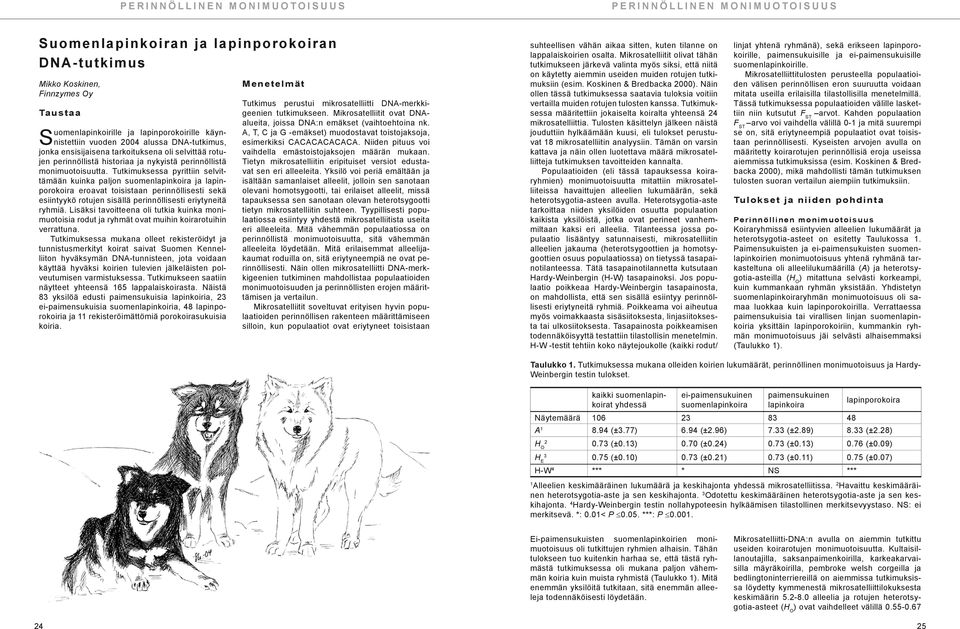 Tutkimuksessa pyrittiin selvittämään kuinka paljon suomenlapinkoira ja lapinporokoira eroavat toisistaan perinnöllisesti sekä esiintyykö rotujen sisällä perinnöllisesti eriytyneitä ryhmiä.