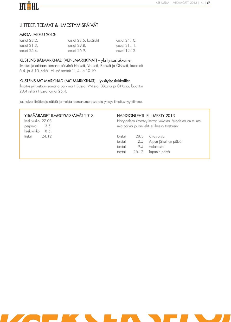 sekä i HL:ssä torstait 11.4. ja 10.10. KUSTENS MC-MARKNAD (MC-MARKKINAT) yksityisasiakkaille: Ilmoitus julkaistaan samana päivänä HBL:ssä, VN:ssä, BBL:ssä ja ÖN:ssä, lauantai 20.