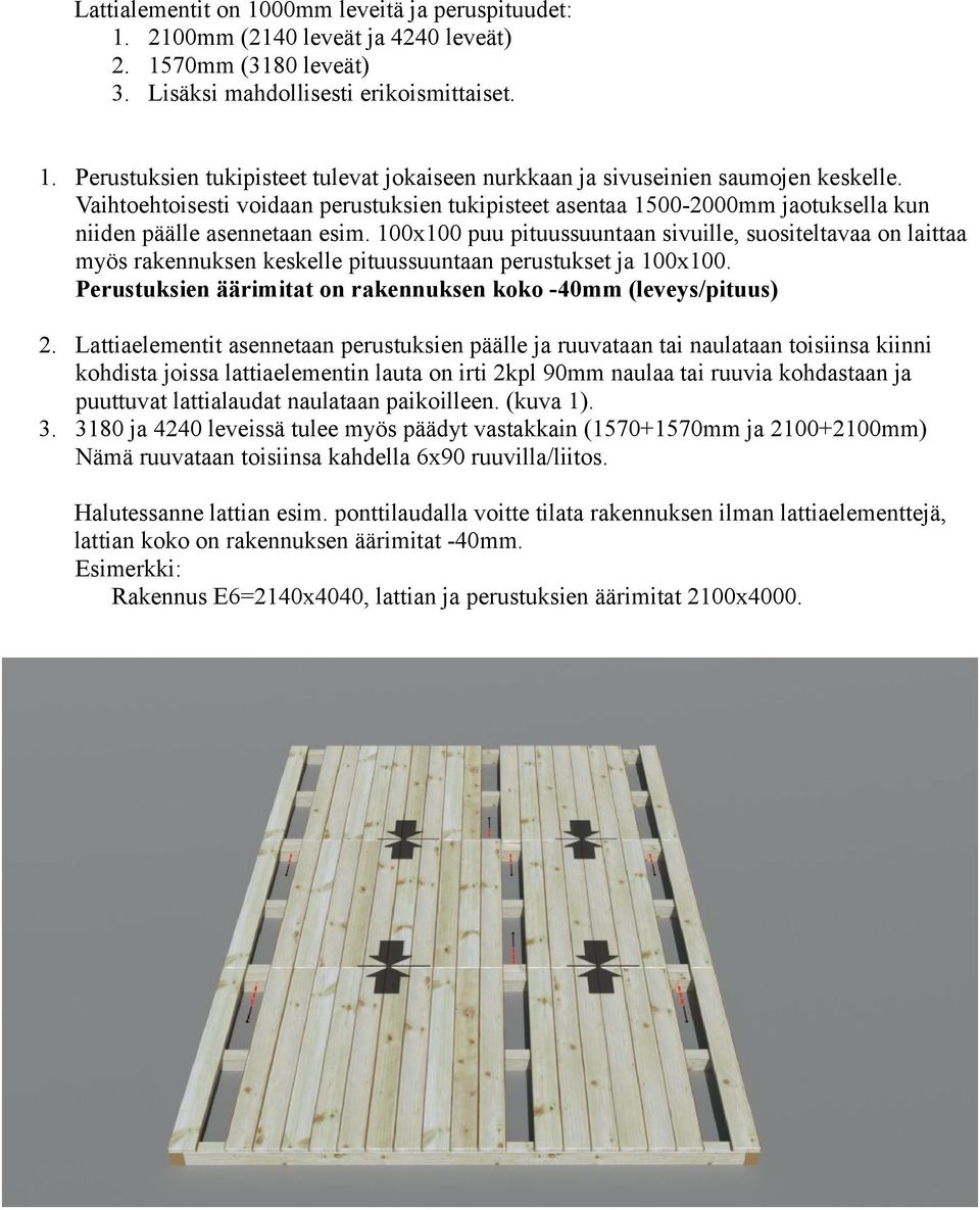 100x100 puu pituussuuntaan sivuille, suositeltavaa on laittaa myös rakennuksen keskelle pituussuuntaan perustukset ja 100x100. Perustuksien äärimitat on rakennuksen koko -40mm (leveys/pituus) 2.