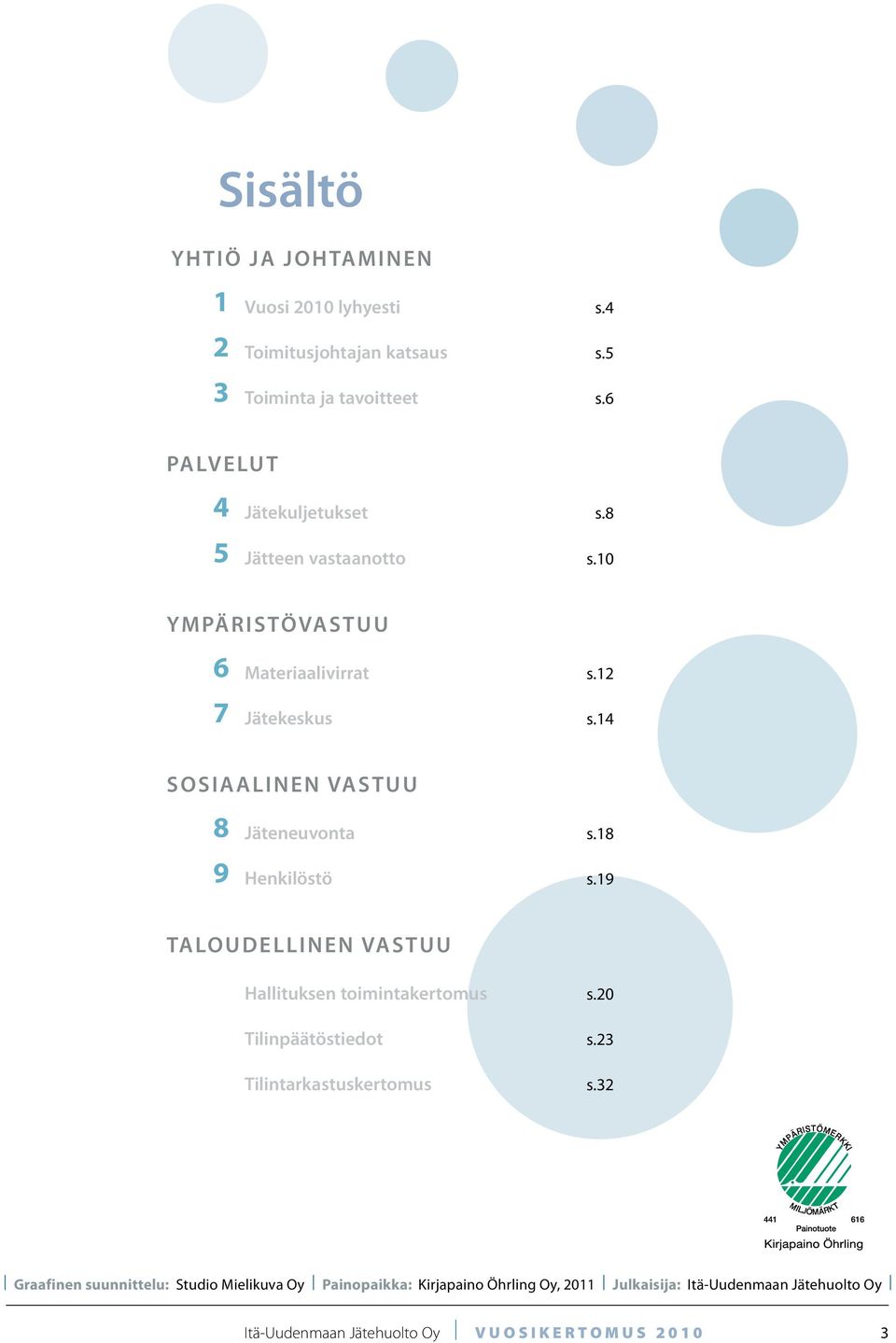 14 sosiaalinen vastuu 8 Jäteneuvonta s.18 9 Henkilöstö s.19 TALOUDELlinen vastuu Hallituksen toimintakertomus s.20 Tilinpäätöstiedot s.