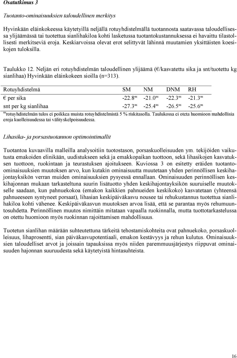 Taulukko 12. Neljän eri rotuyhdistelmän taloudellinen ylijäämä ( /kasvatettu sika ja snt/tuotettu kg sianlihaa) Hyvinkään eläinkokeen sioilla (n=313). Rotuyhdistelmä SM NM DNM RH per sika -22.