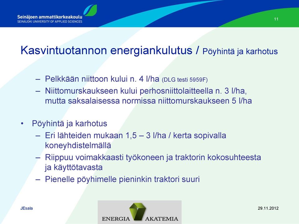 3 l/ha, mutta saksalaisessa normissa niittomurskaukseen 5 l/ha Pöyhintä ja karhotus Eri lähteiden mukaan
