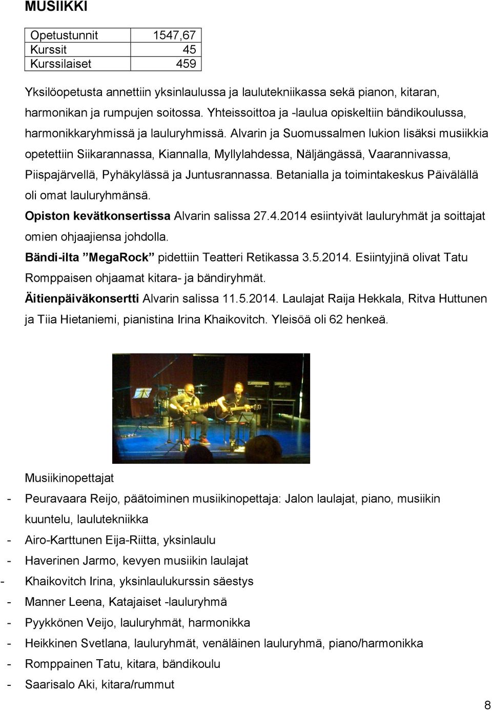 Alvarin ja Suomussalmen lukion lisäksi musiikkia opetettiin Siikarannassa, Kiannalla, Myllylahdessa, Näljängässä, Vaarannivassa, Piispajärvellä, Pyhäkylässä ja Juntusrannassa.