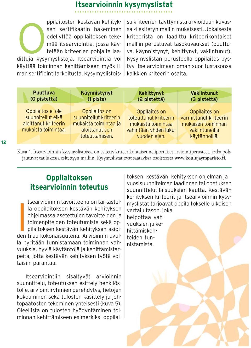 Jokaisesta kriteeristä on laadittu kriteerikohtaiset malliin perustuvat tasokuvaukset (puuttuva, käynnistynyt, kehittynyt, vakiintunut).