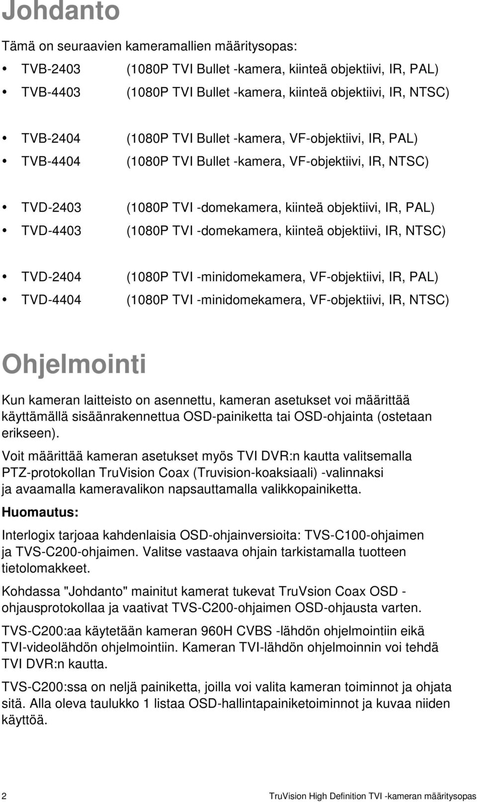 -domekamera, kiinteä objektiivi, IR, NTSC) TVD-2404 (1080P TVI -minidomekamera, VF-objektiivi, IR, PAL) TVD-4404 (1080P TVI -minidomekamera, VF-objektiivi, IR, NTSC) Ohjelmointi Kun kameran