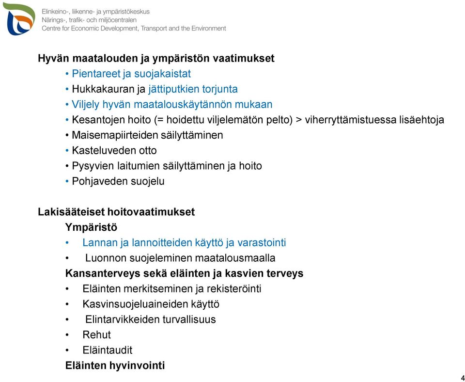 Pohjaveden suojelu Lakisääteiset hoitovaatimukset Ympäristö Lannan ja lannoitteiden käyttö ja varastointi Luonnon suojeleminen maatalousmaalla Kansanterveys sekä