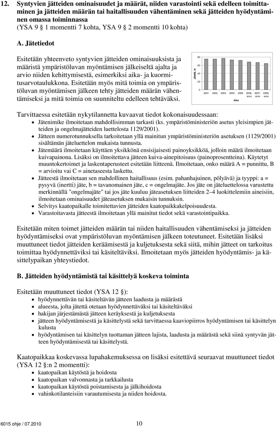 Jätetiedot Esitetään yhteenveto syntyvien jätteiden ominaisuuksista ja määristä ympäristöluvan myöntämisen jälkeiseltä ajalta ja niiden kehittymisestä, esimerkiksi aika- ja kuormitusarvotaulukkona.