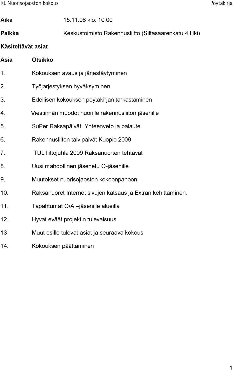 Rakennusliiton talvipäivät Kuopio 2009 7. TUL liittojuhla 2009 Raksanuorten tehtävät 8. Uusi mahdollinen jäsenetu O-jäsenille 9. Muutokset nuorisojaoston kokoonpanoon 10.