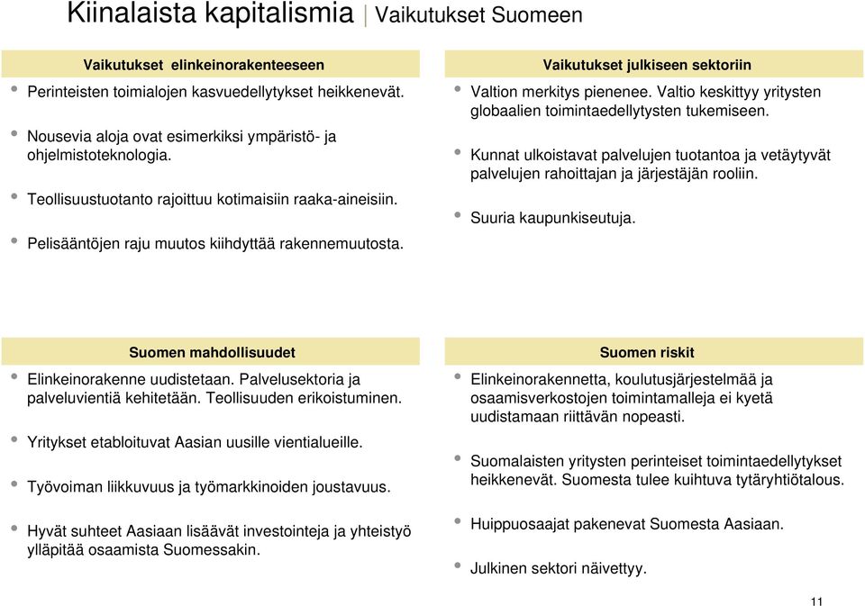 Vaikutukset julkiseen sektoriin Valtion merkitys pienenee. Valtio keskittyy yritysten globaalien toimintaedellytysten tukemiseen.