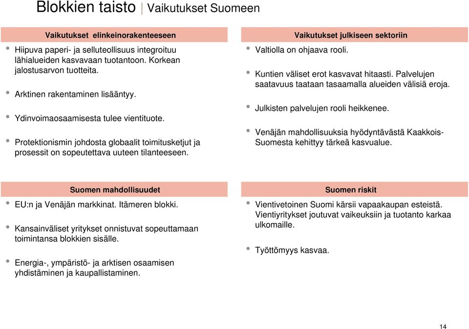 Vaikutukset julkiseen sektoriin Valtiolla on ohjaava rooli. Kuntien väliset erot kasvavat hitaasti. Palvelujen saatavuus taataan tasaamalla alueiden välisiä eroja.