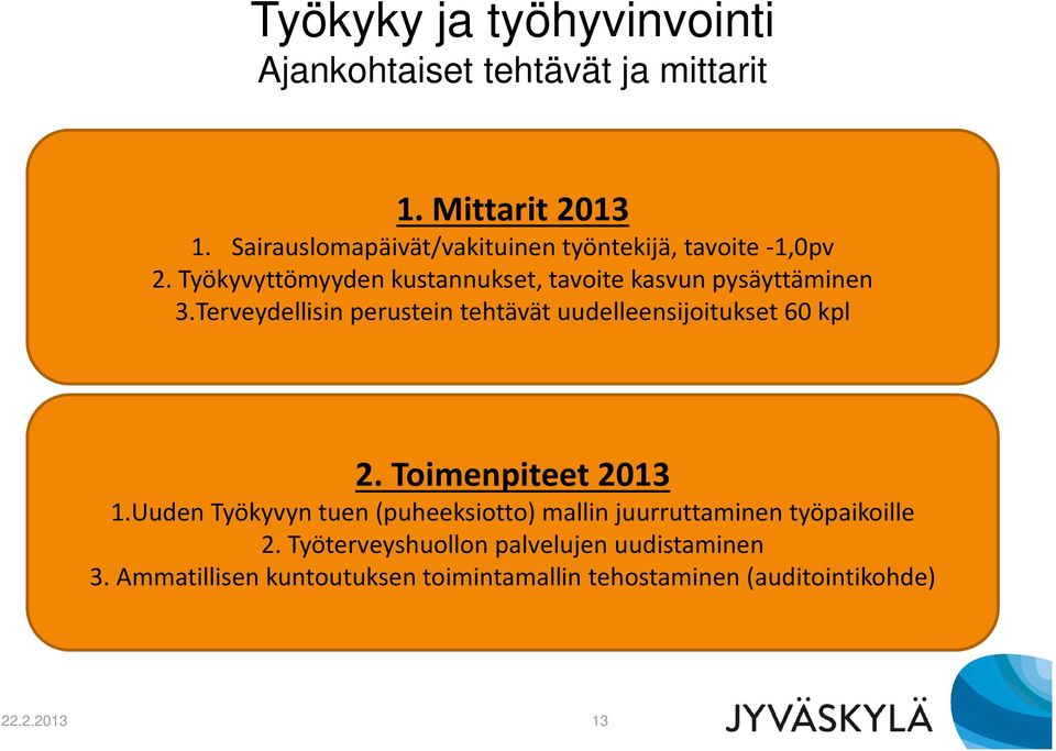 Terveydellisin perustein tehtävät uudelleensijoitukset 60 kpl 2. Toimenpiteet 2013 1.