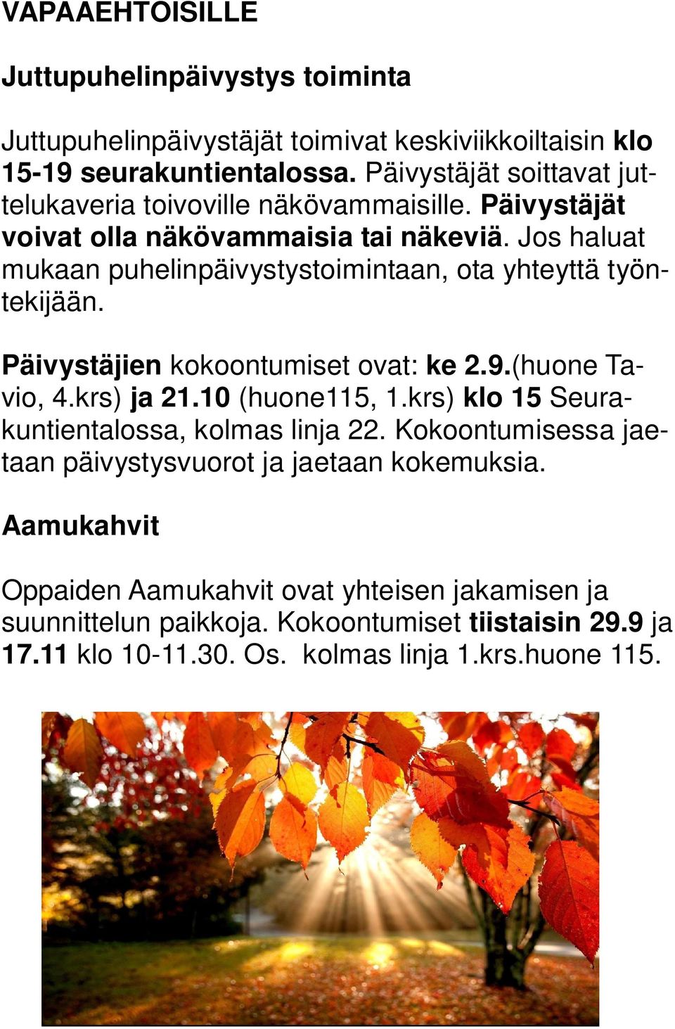 Jos haluat mukaan puhelinpäivystystoimintaan, ota yhteyttä työntekijään. Päivystäjien kokoontumiset ovat: ke 2.9.(huone Tavio, 4.krs) ja 21.10 (huone115, 1.