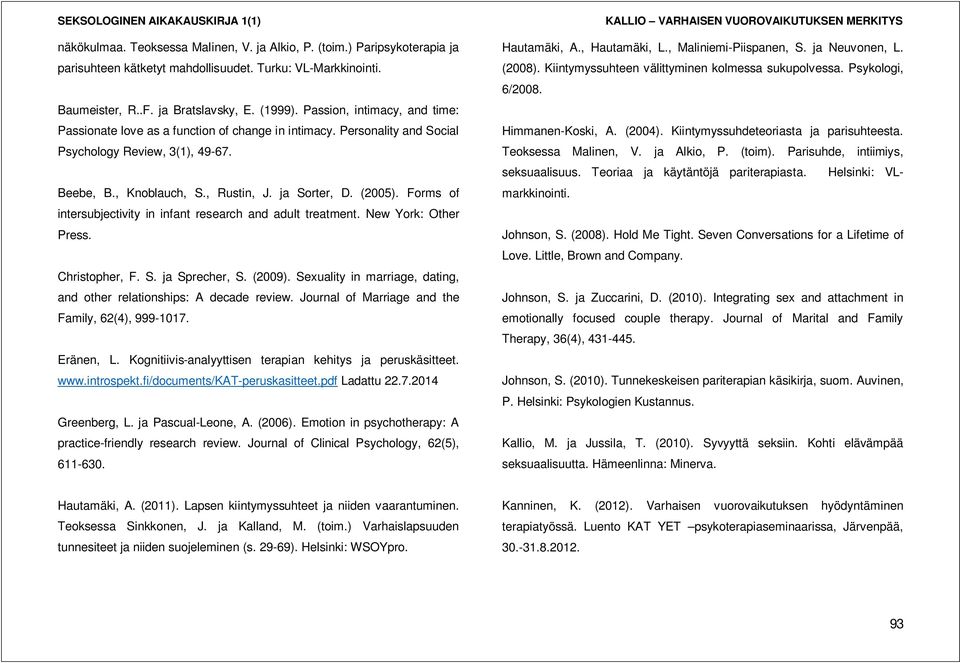 Forms of intersubjectivity in infant research and adult treatment. New York: Other Press. Christopher, F. S. ja Sprecher, S. (2009).