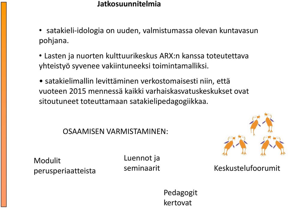 satakielimallin levittäminen verkostomaisesti niin, että vuoteen 2015 mennessä kaikki varhaiskasvatuskeskukset ovat