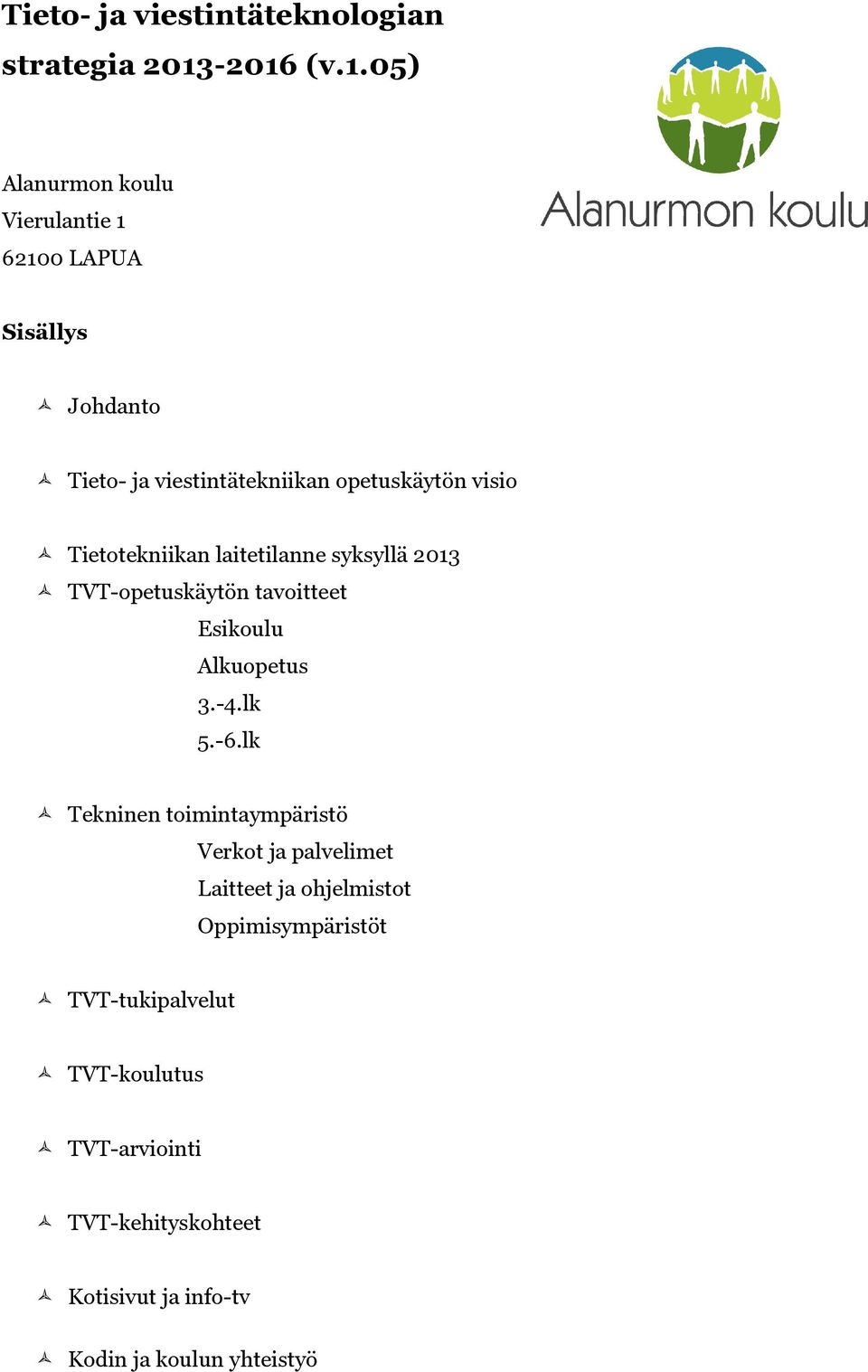 visio Tietotekniikan laitetilanne syksyllä 2013 TVT-opetuskäytön tavoitteet Esikoulu Alkuopetus 3.-4.lk 5.-6.