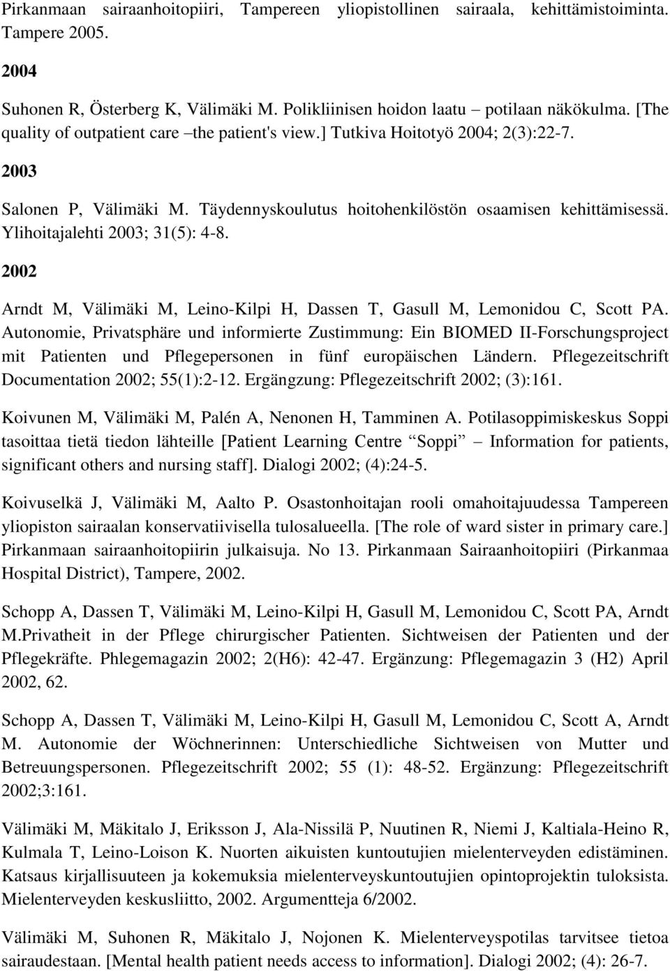 Ylihoitajalehti 2003; 31(5): 4-8. 2002 Arndt M, Välimäki M, Leino-Kilpi H, Dassen T, Gasull M, Lemonidou C, Scott PA.